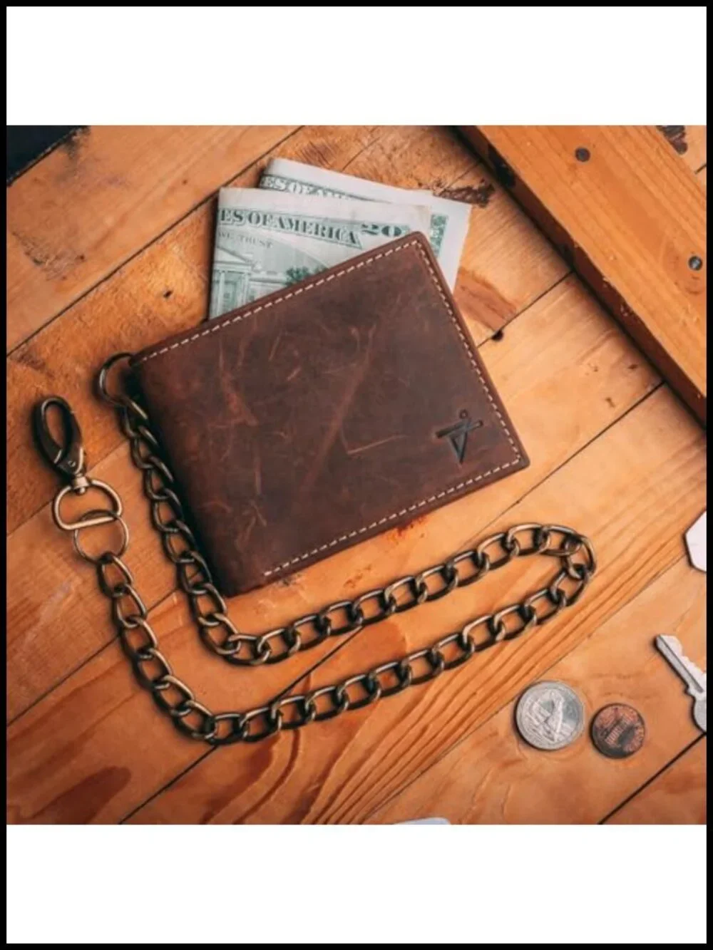 Genuine Leather Bifold RFID Wallet with ID Window & Chain
